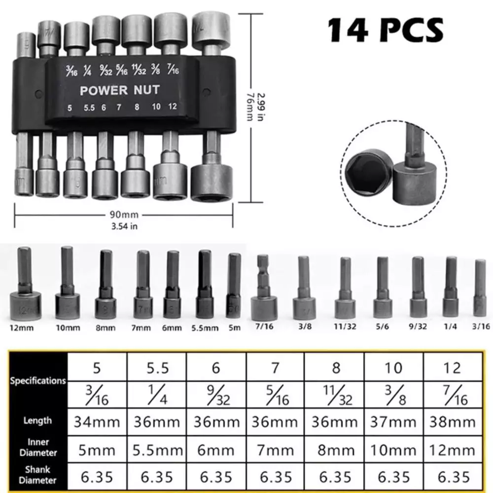 DY TOOLS Power Nut Driver Set 5-12 mm Metric Size with Magnetic Socket Tips (Set of 14 Pcs)