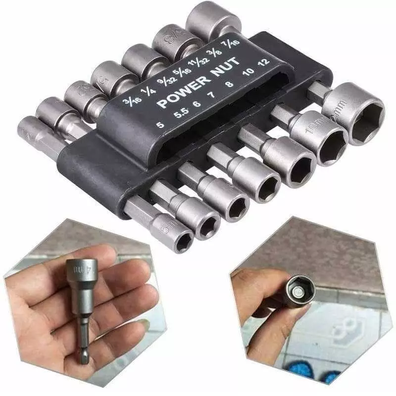 DY TOOLS Power Nut Driver Drill Bit Set Cr-V Steel 6.35 mm (1/4 inch) Hex Shank (Set of 14 Pcs)