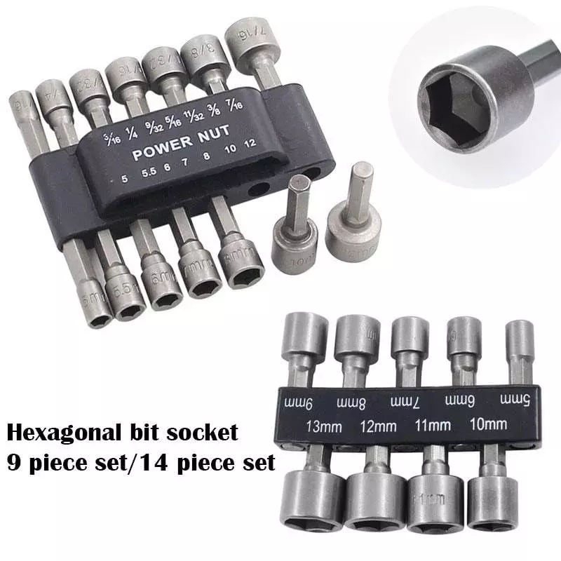 DY TOOLS Power Nut Driver Drill Bit Set Cr-V Steel 6.35 mm (1/4 inch) Hex Shank (Set of 14 Pcs)