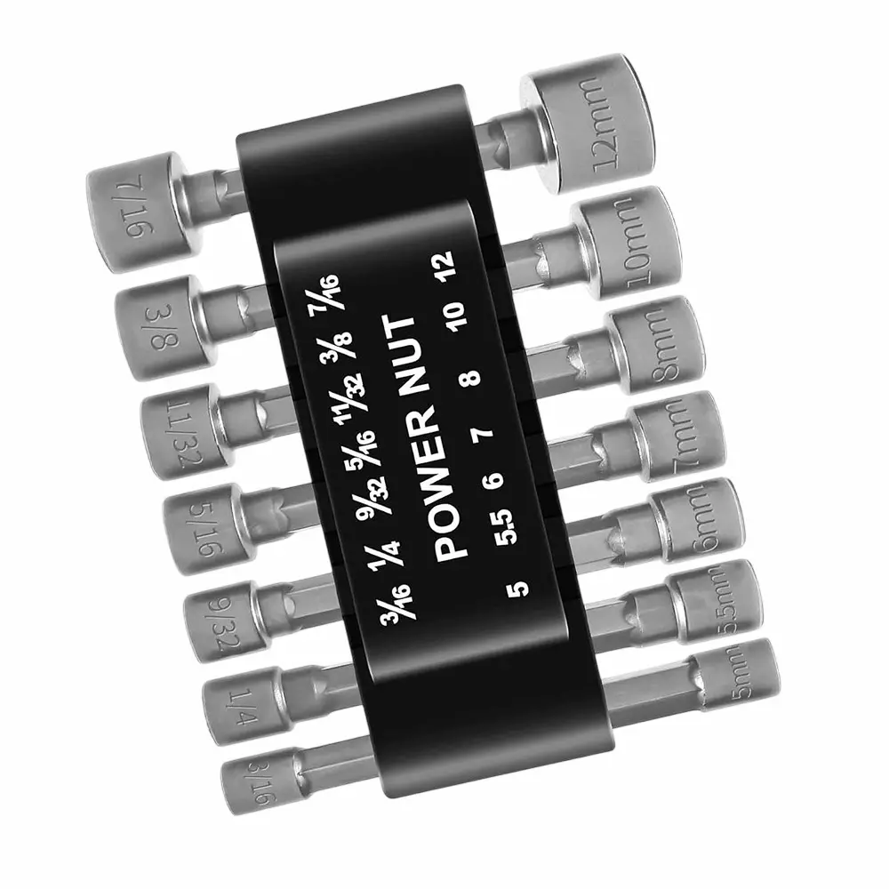 DY Tools Power Nut Driver Kit 14 Pcs Silver Chrome Vanadium Steel 9 Metric Sizes, 5 SAE Sizes