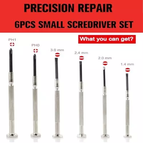 Malfah Enterprises Mini Precision Screwdriver PH 1, PH0, 3, 2.4, 2, 1.4 mm Phillips Head Sliver Alloy Steel (Pack of 6)