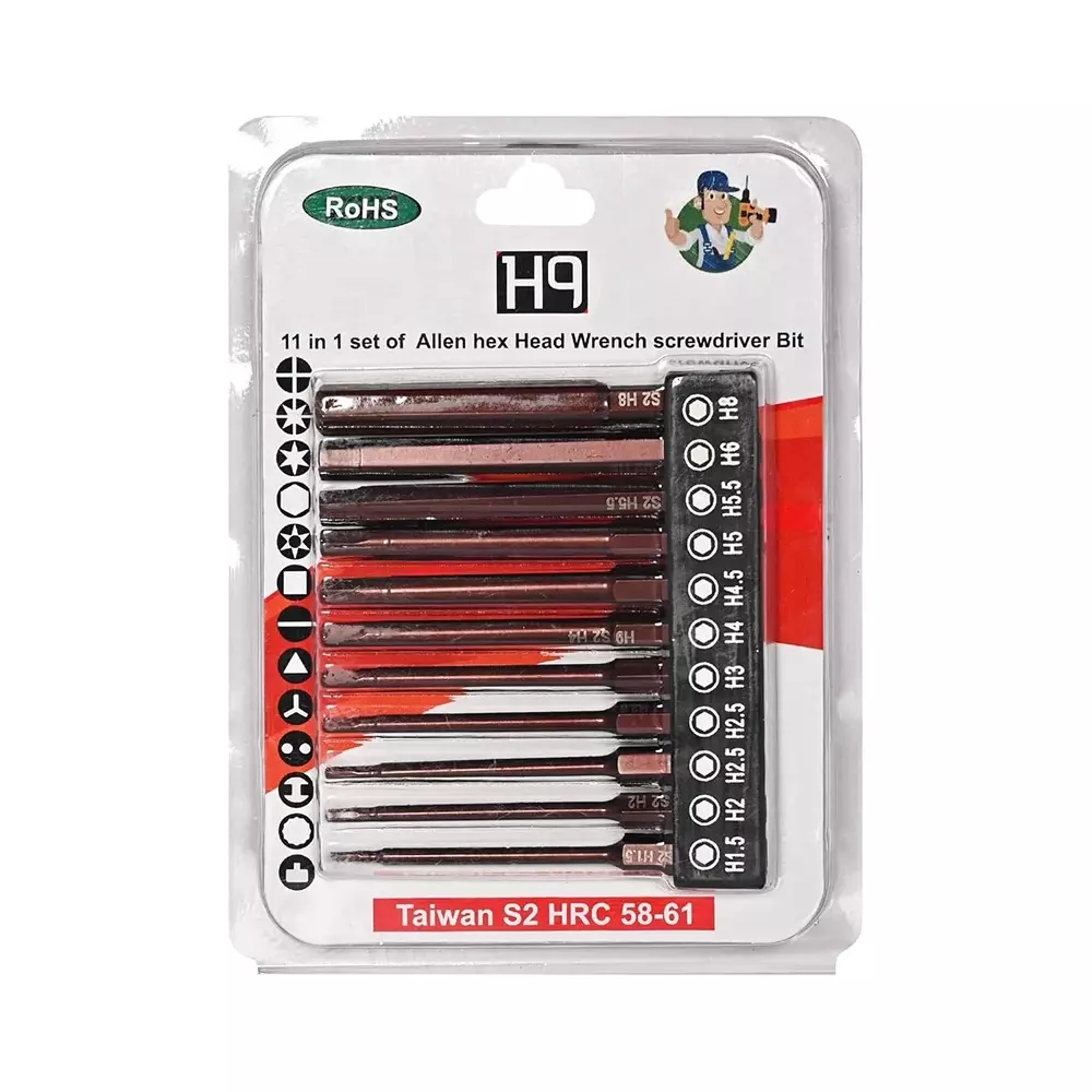 H9 11 in 1 Allen HEX Screwdriver Bit Set 75 mm (3 inch) Length Alloy Steel Allen Head Copper (Pack of 11)