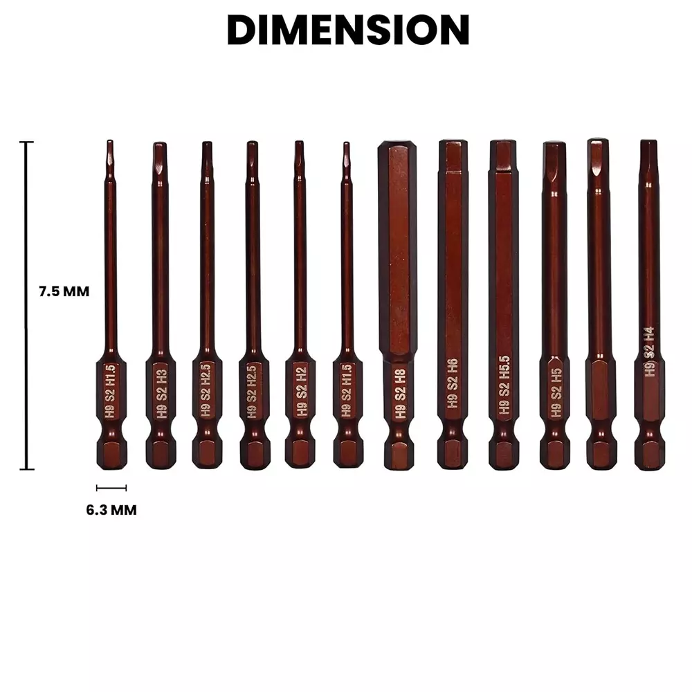 H9 11 in 1 Allen HEX Screwdriver Bit Set 75 mm (3 inch) Length Alloy Steel Allen Head Copper (Pack of 11)