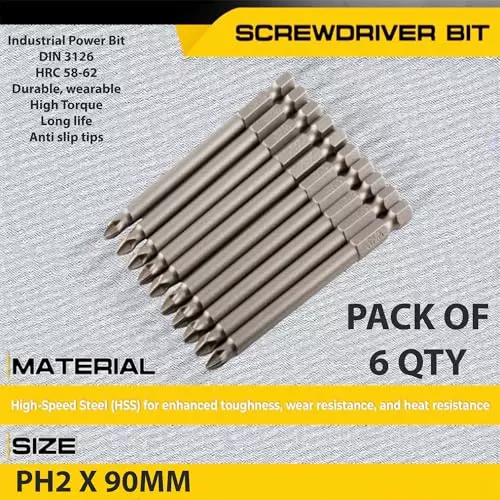 malfah-enterprises-ph2-screwdriver-head-drill-bits-10-cm-length-alloy-steel-silver-for-woodworking-electronics-use-ph2x90-pack-of-6-pcs