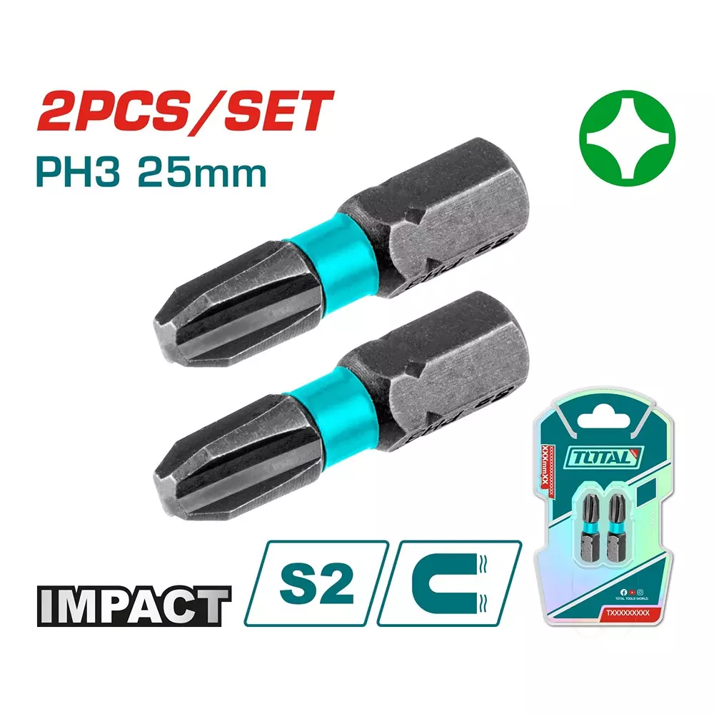 total-impact-screwdriver-bits-ph2-25-mm-s2-industrial-steel-tacim71ph325