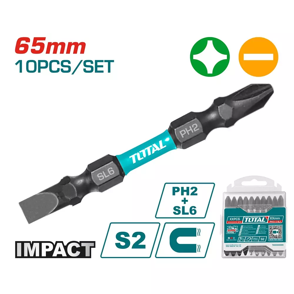 total-impact-screwdriver-bits-ph2-sl6-65-mm-s2-steel-magnetic-with-sleeve-tacim16hl133-set-of-10