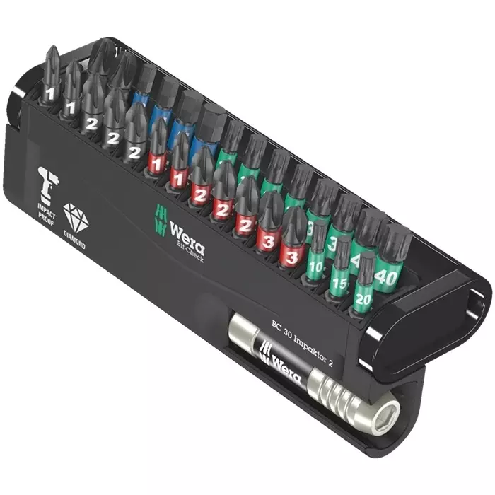 Wera Impaktor Screwdriver Bit Set 1/4 Inch (6.35 mm) Drive Size 1-40 mm Blade Length Black for Industrial Use, 05057697001