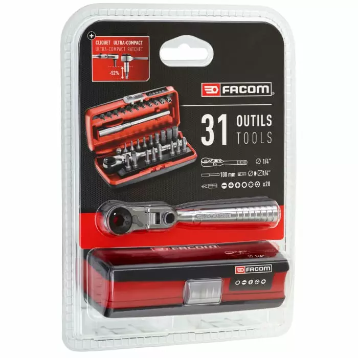 Facom Driver Bit Set 31 Pieces, Hexagon, Phillips, Pozidriv, Slotted, Torx, R.180J31PB
