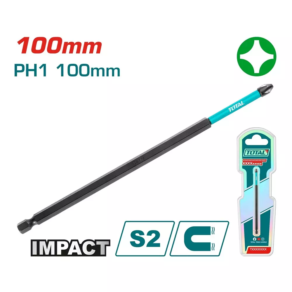 total-impact-screwdriver-bit-ph1-size-s2-industrial-steel-100-mm-length-tacim71ph1100