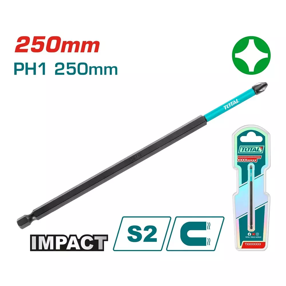 total-impact-screwdriver-bit-ph1-size-s2-industrial-steel-250-mm-length-tacim71ph1250