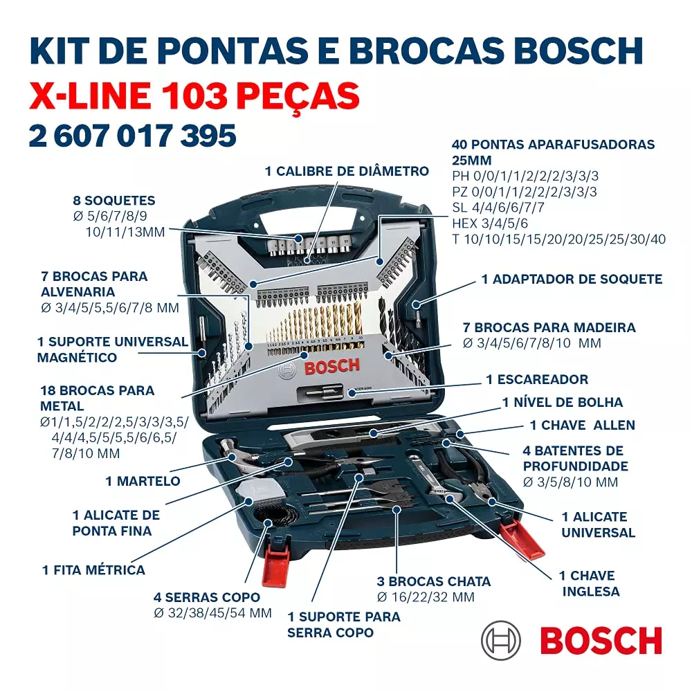 Bosch Titanium X-Line Tool Kit Tin-Coated Set For Wood, Masonry And Metal, 2607017395 - Set Of 103 Pcs