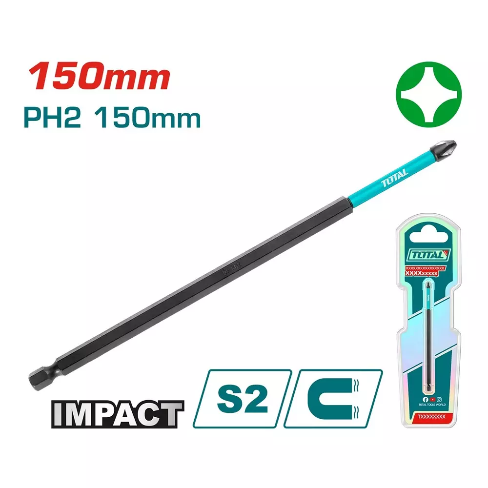 total-impact-screwdriver-bit-ph2-size-s2-industrial-steel-150-mm-length-tacim71ph2150