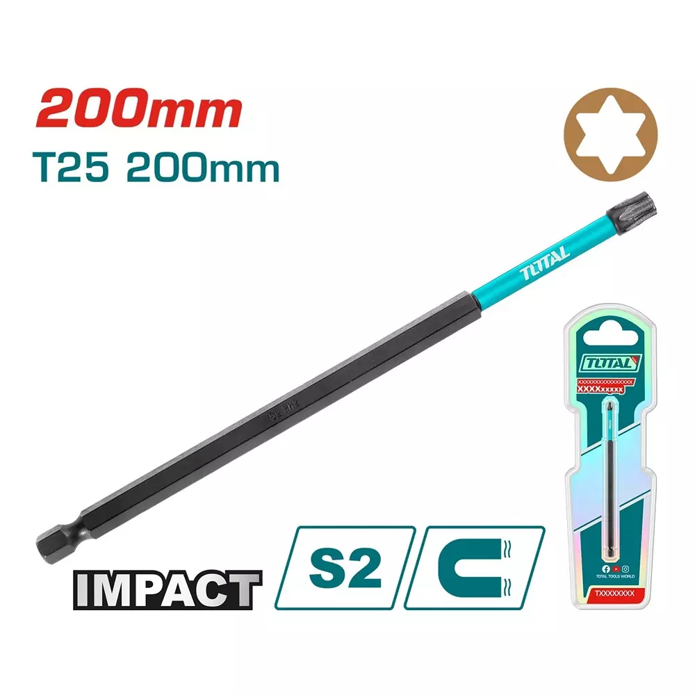 total-impact-screwdriver-bit-t25-size-s2-industrial-steel-200-mm-length-tacim71t25200