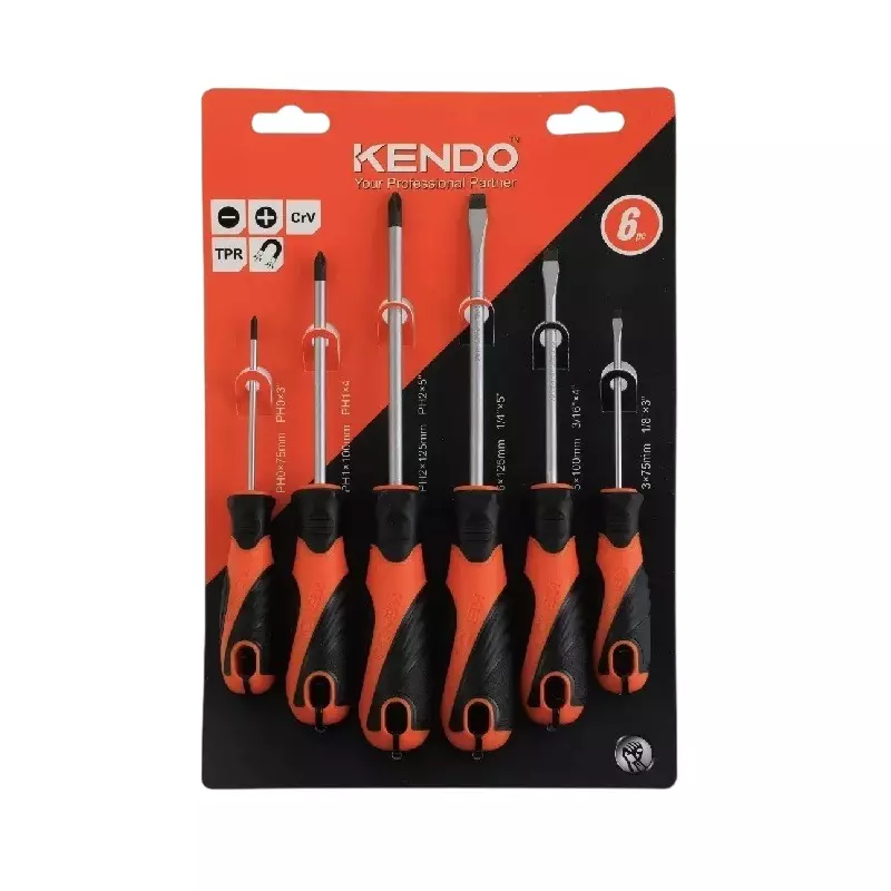Kendo Screwdriver Set Cr-V Material Magnetic Tip with Comfortable TPR Handle, 85114 (Set of 6 Pcs)