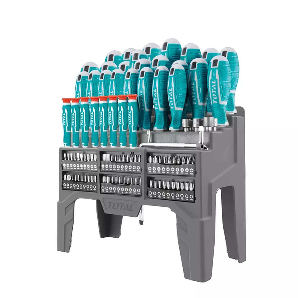 Total 100 Pcs Screwdriver Set CR-V Steel, Slotted, Phillips, Torx, Pozidriv & Bits, THT2506100