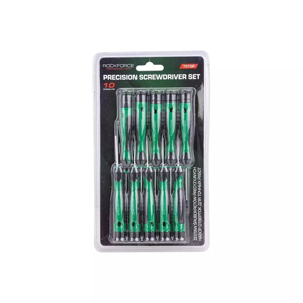 Rock Force Precision Screwdrivers Set Steel SL 2, 2.5 & 3:, PH 000, 00 & 0:, T6, T8, T9 & T10 Slotted SL, PH, T Straight Handle, RF-7010P (Set of 10 Pcs)