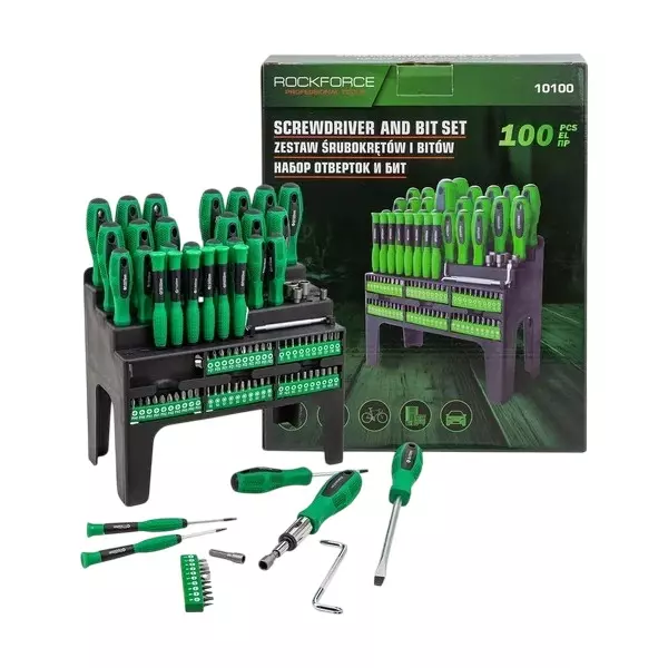 Rock Force Screwdriver Set with Bits CrV Straight Rod PH, SL, PZ, S, T 50 - 150 mm Length, RF-10100 (Pack of 100 Pcs)
