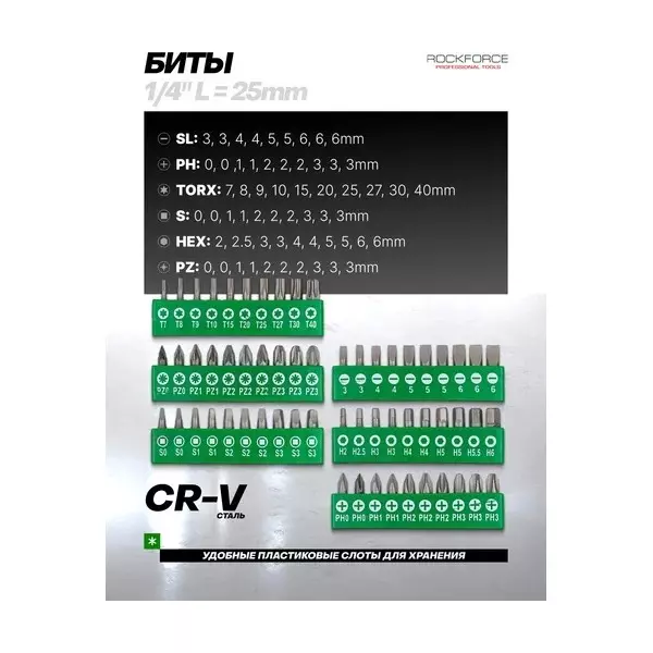 Rock Force Screwdriver Set with Bits CrV Straight Rod PH, SL, PZ, S, T 50 - 150 mm Length, RF-10100 (Pack of 100 Pcs)