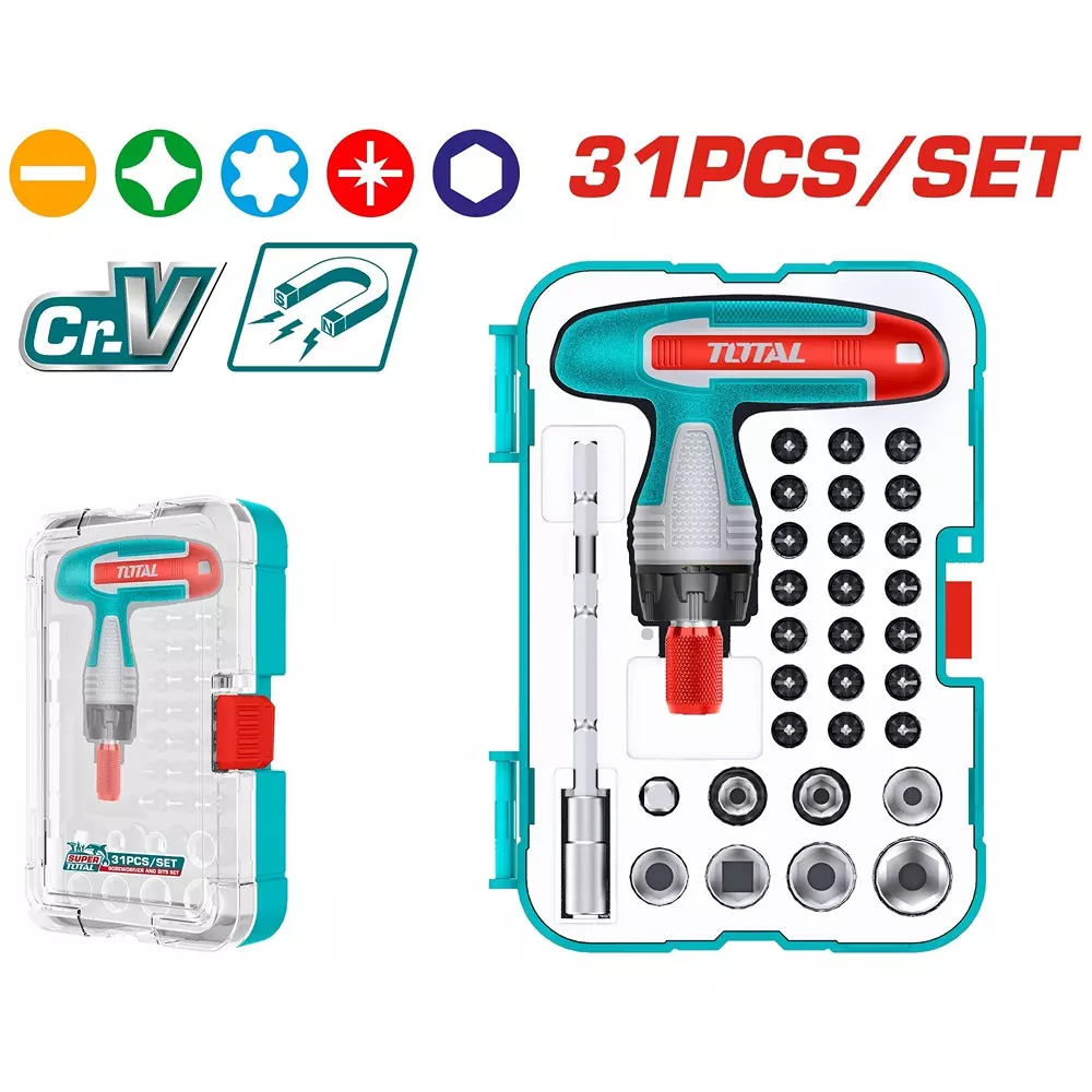 total-31-pcs-t-handle-wrench-screwdriver-set-cr-v-steel-bits-sockets-ratchet-with-magnetic-holder-tacsd30316