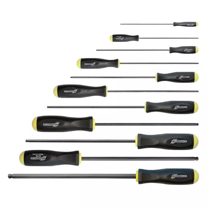 Bondhus ProGuard Ball End Screwdriver Set Long Type Non-Slip Handle 5/64 to 3/8 inch Size, 10737 (Set of 11)