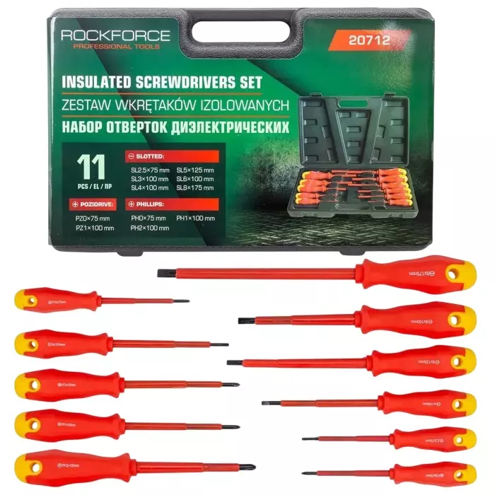Rock Force Dielectric Screwdriver Set CrV SL 2.5, 3, 4, 5, 6 & 8:, PH 0, 1 & 2:, PZ 0 & 1 Slotted PH, SL, PZ Straight Handle, RF-20712 (Pack of 11 Pcs)