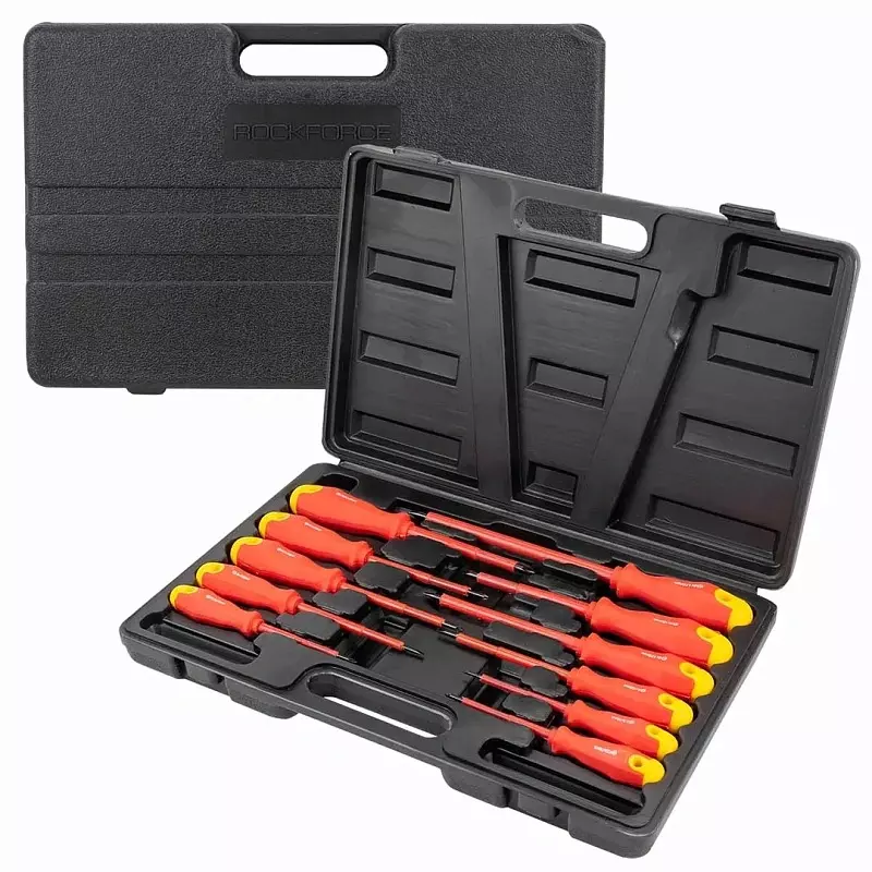 Rock Force Dielectric Screwdriver Set CrV SL 2.5, 3, 4, 5, 6 & 8:, PH 0, 1 & 2:, PZ 0 & 1 Slotted PH, SL, PZ Straight Handle, RF-20712 (Pack of 11 Pcs)