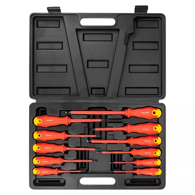 Rock Force Dielectric Screwdriver Set CrV SL 2.5, 3, 4, 5, 6 & 8:, PH 0, 1 & 2:, PZ 0 & 1 Slotted PH, SL, PZ Straight Handle, RF-20712 (Pack of 11 Pcs)