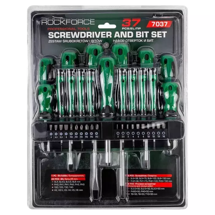 Rock Force Screwdriver Set with Bits CrV Straight Rod SL, PH, T 38 - 150 mm Length, RF-7037 (Pack of 37 Pcs)