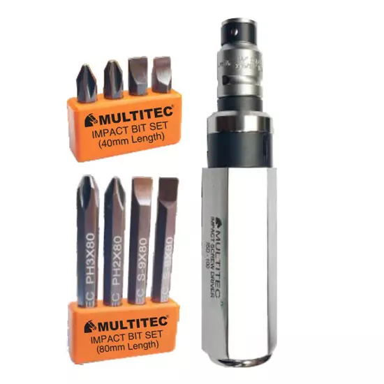 MULTITEC 8 Impact Screw Driver Set 40 mm and 80 mm Bit Length Ph2, Ph3, Slotted 8, Slotted 9 Tip, ISD-100
