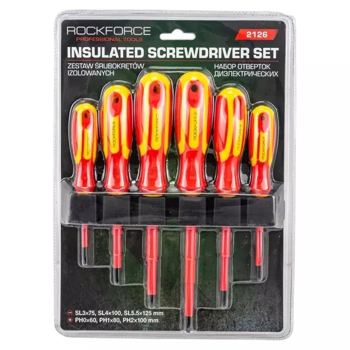 Rock Force Dielectric Screwdriver Set CrV SL 3, 4 & 5:, PH 0, 1 & 2 Slotted PH, SL Straight Handle, RF-2126 (Pack of 6 Pcs)