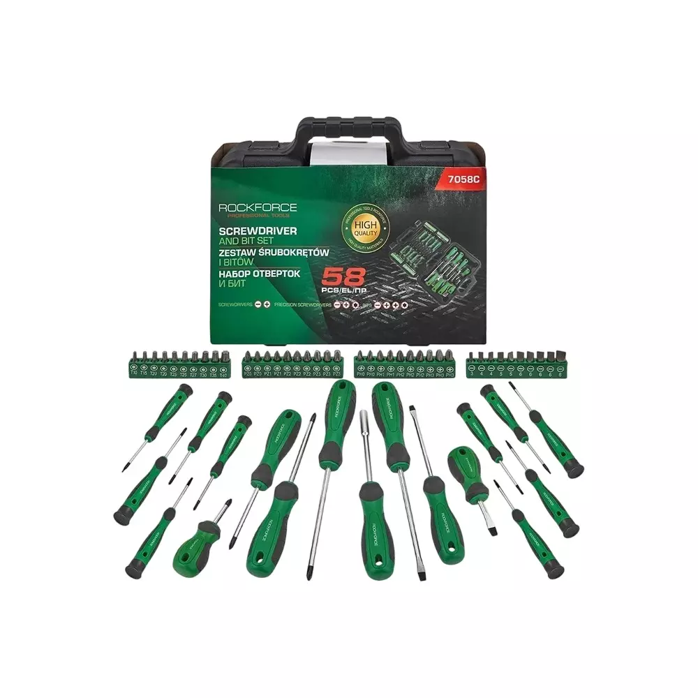 Rock Force Screwdriver Set with Bits CrV Straight Rod SL, HEX, PH, PZ, Torx 38 - 125 mm Length, RF-7058C (Pack of 58 Pcs)
