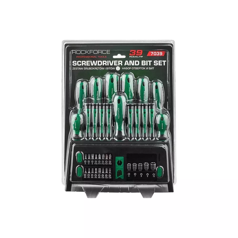 Rock Force Screwdriver Set with Bits CrV Straight Rod SL, PH, PZ, Torx, Hex 50 - 150 mm Length, RF-7039 (Pack of 39 Pcs)