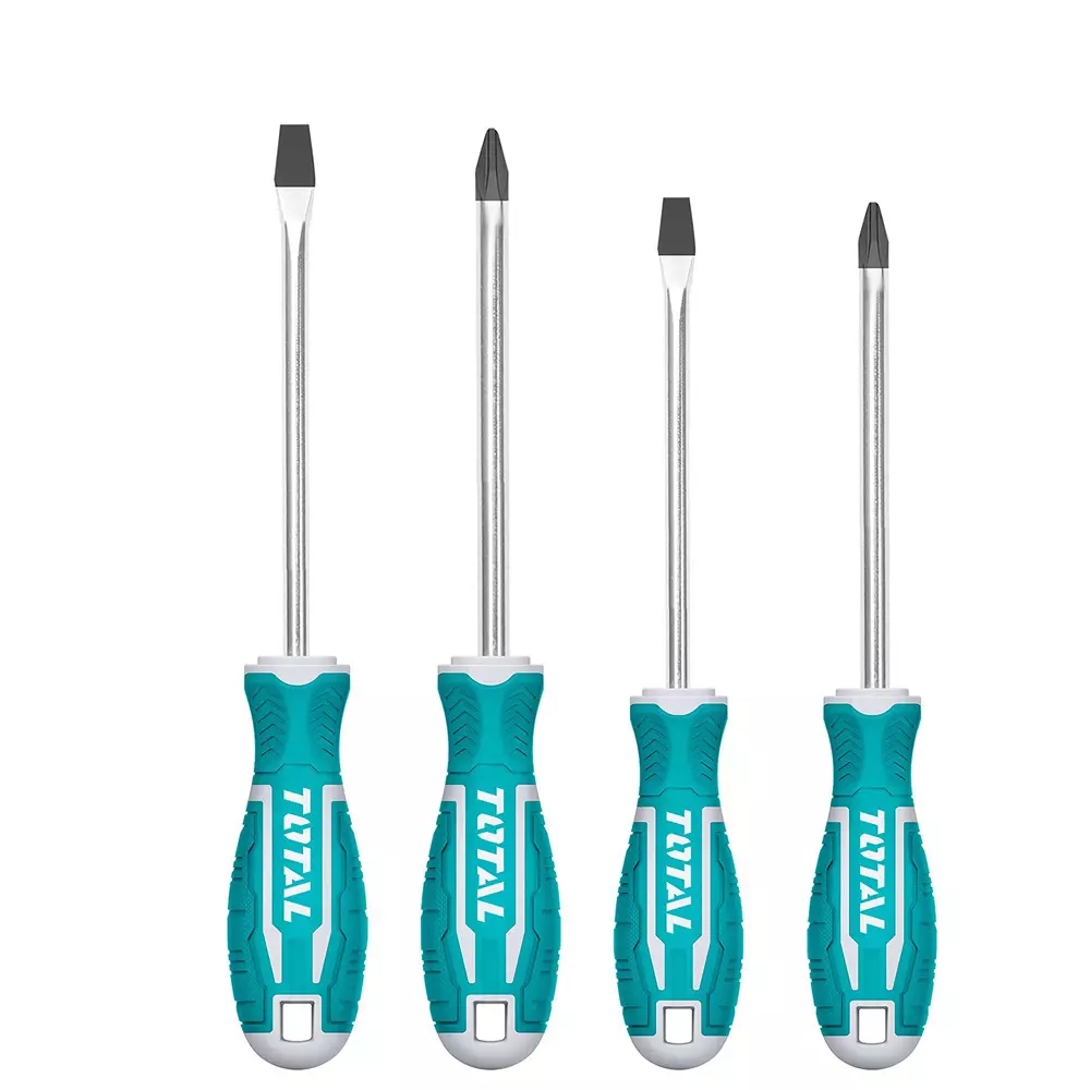 Total Screwdriver Set CR-V Steel SL & PH Tips (SL5.5x100, SL6.5x150, PH1x100, PH2x150), THT250604 (Set of 4)