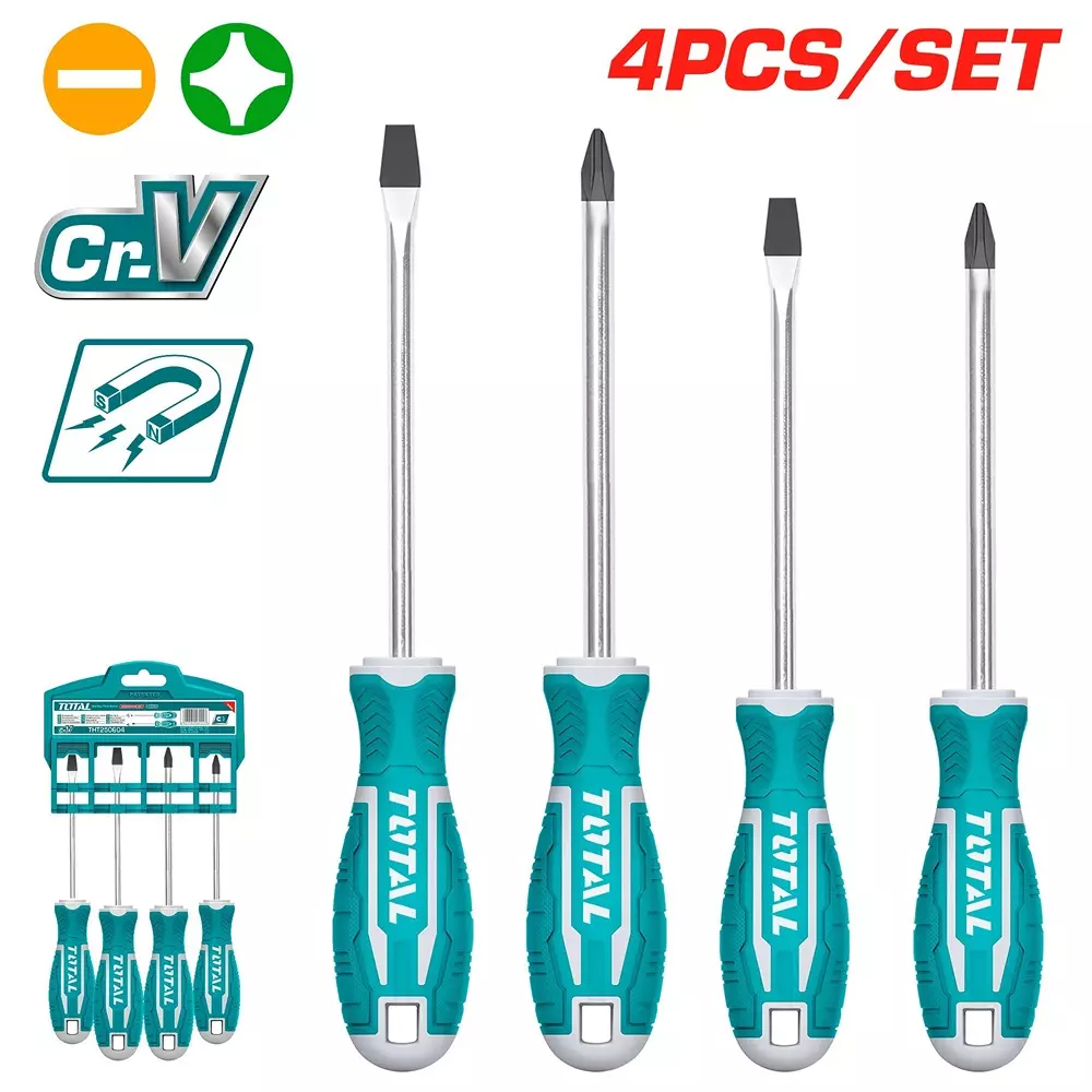 total-screwdriver-set-cr-v-steel-sl-ph-tips-sl55x100-sl65x150-ph1x100-ph2x150-tht250604-set-of-4