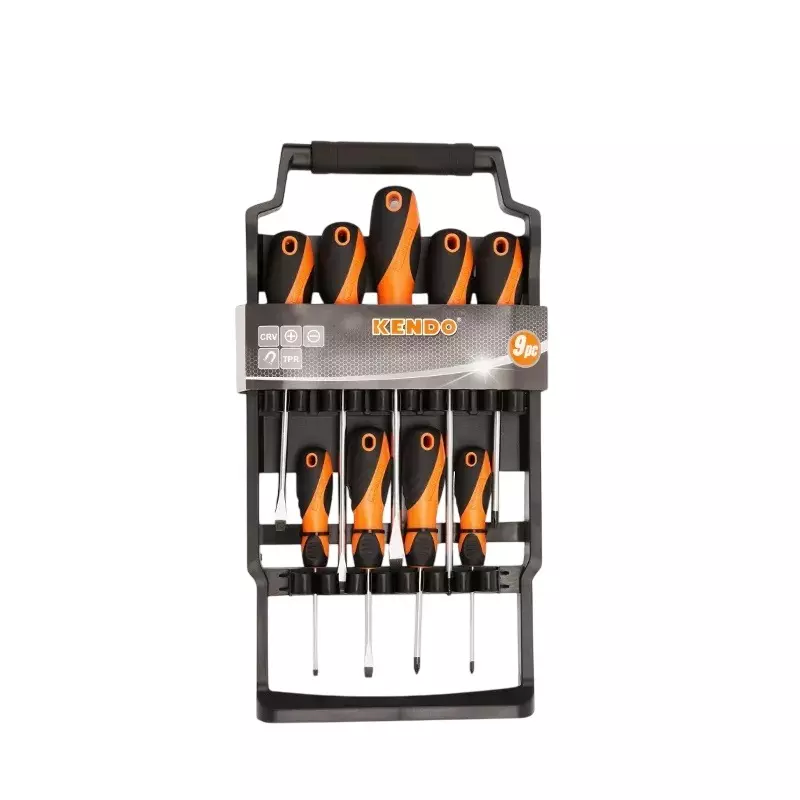 Kendo Screwdriver Set with Plastic Rack Cr-V Material TPR Handle, 20214 (Set of 9 Pcs)