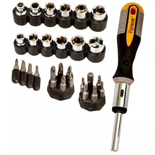 Hoteche 34 Pcs Ratchet Screwdriver Kit 1/4 Inch (6.35 mm) Drive Size CR-V Black & Silver for Industrial Use, 250534