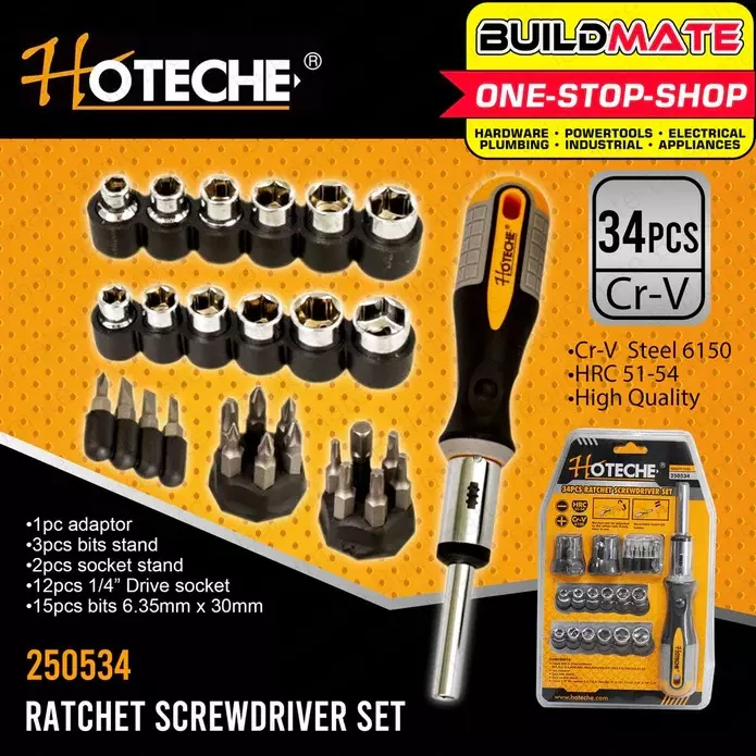 Hoteche 34 Pcs Ratchet Screwdriver Kit 1/4 Inch (6.35 mm) Drive Size CR-V Black & Silver for Industrial Use, 250534