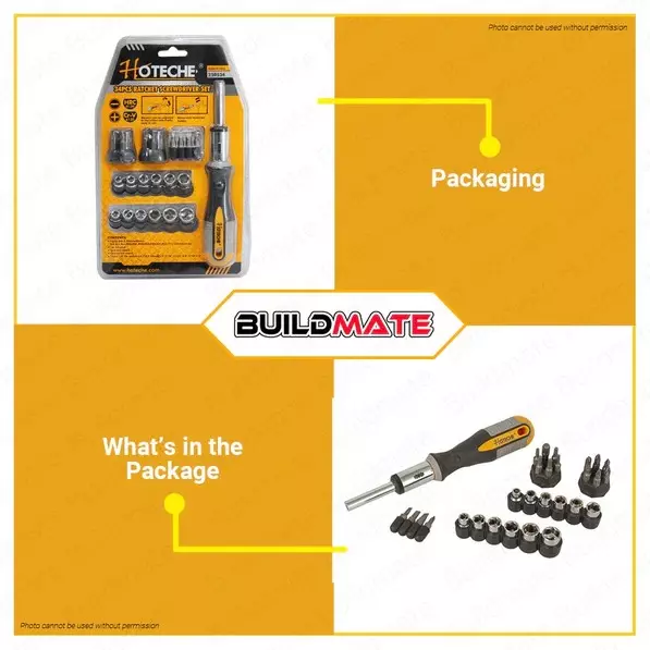 Hoteche 34 Pcs Ratchet Screwdriver Kit 1/4 Inch (6.35 mm) Drive Size CR-V Black & Silver for Industrial Use, 250534