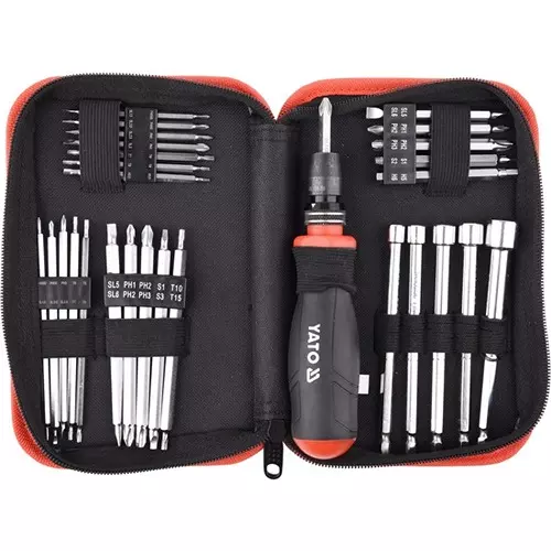 Yato 28 Pcs Screw Driver With Bit Set Chrome Plated, Satin Finish and CrV Cap Material, YT-27940