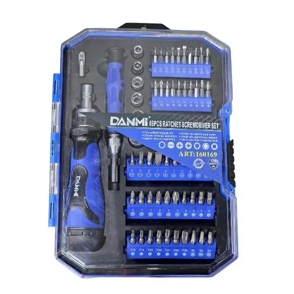 DANMI Ratchet Screwdriver Set Blue & Silver Steel, 160169 (Pack of 69 Pcs)