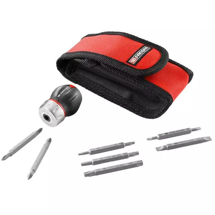 Facom 1/4 in Hexagon Slotted Phillips Pozidriv Torx Ratchet Screwdriver Chrome Chrome Vanadium Steel, ATCL.S14PB