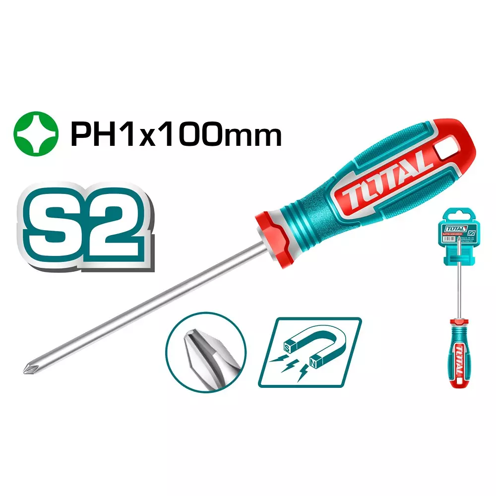 total-phillips-screwdriver-with-strong-magnetic-100-mm-blade-length-phillips-ph1-magnetic-round-shank-tsdph1100