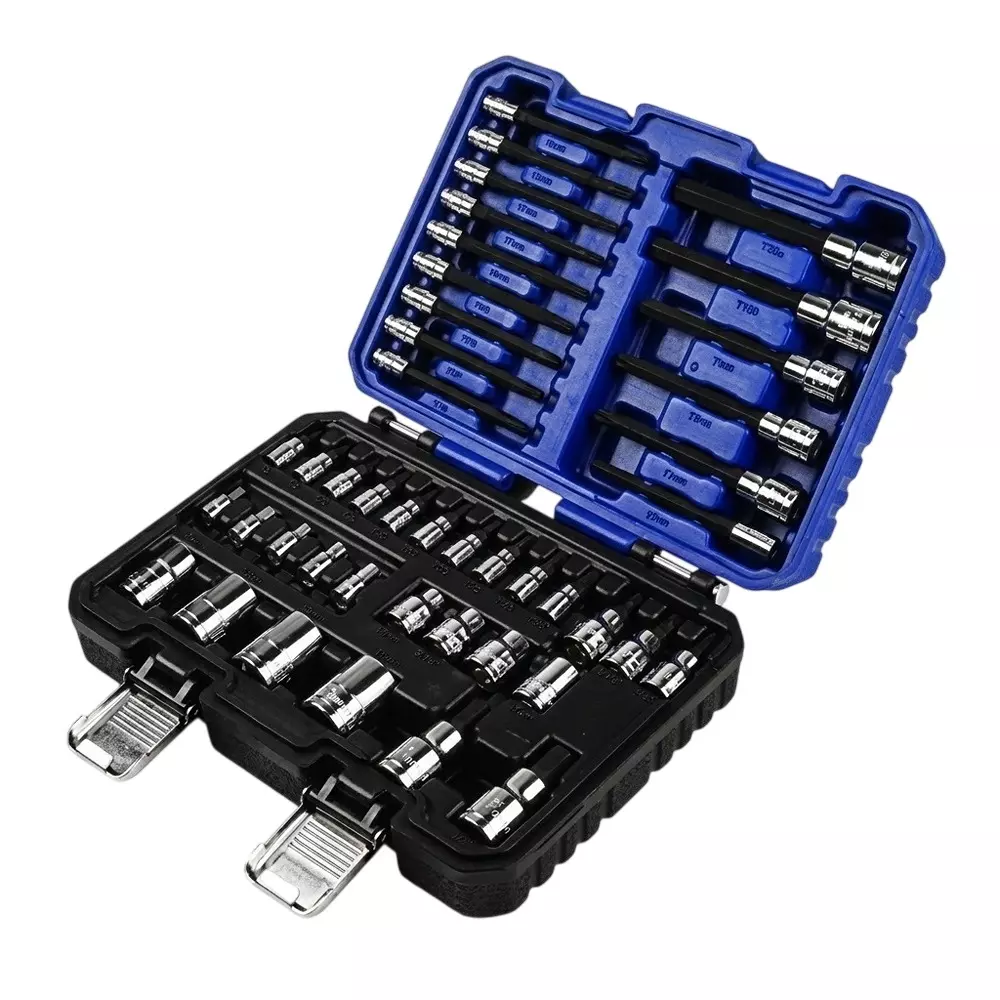 Blue-Point 43 Pcs 1/4 inch, 3/8 inch, 1/2 inch (6.35 mm, 9.52 mm, 12.7 mm) Drive Torx Socket & Torx Bit Socket Set Alloy Steel Body, BLPNSGS43