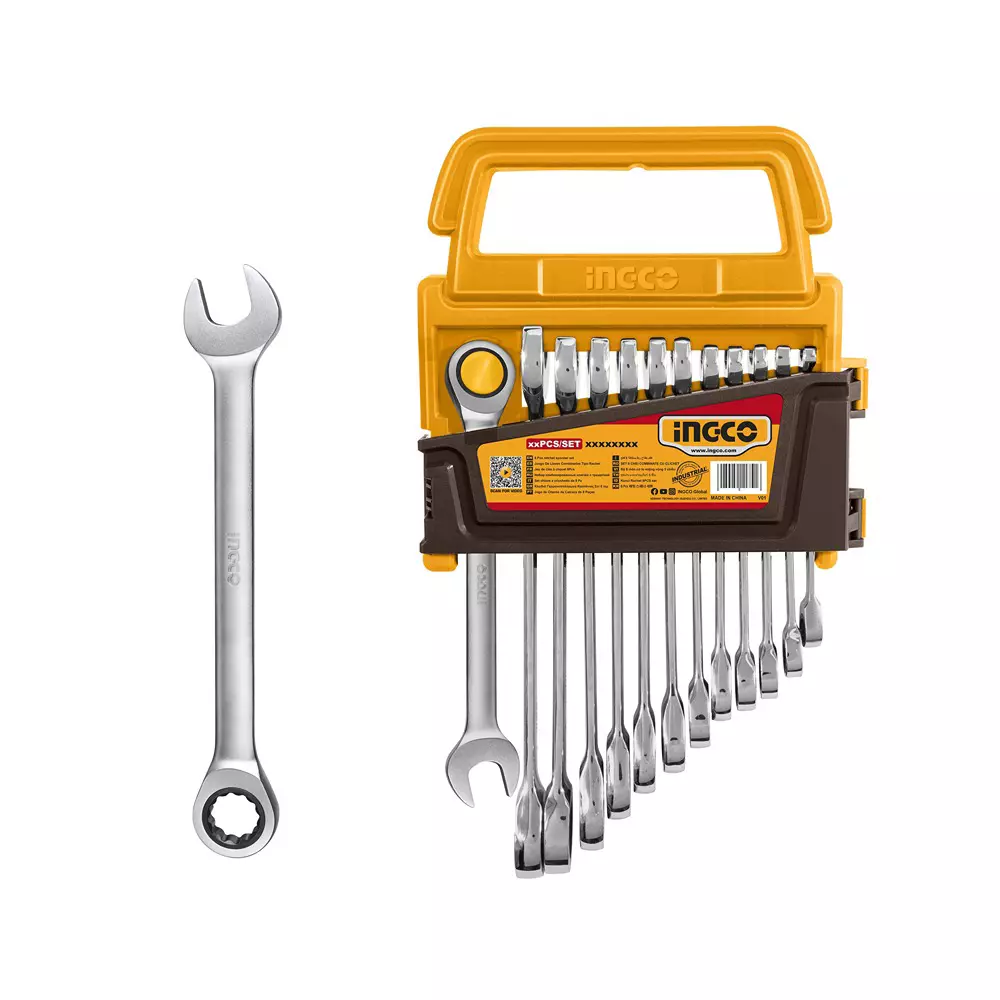 Ingco Ratchet Combi Spanner Set Dual End Design Chrome Vanadium Steel Body and Size 8-19 mm, HKSPAR1122 (Set of 12)