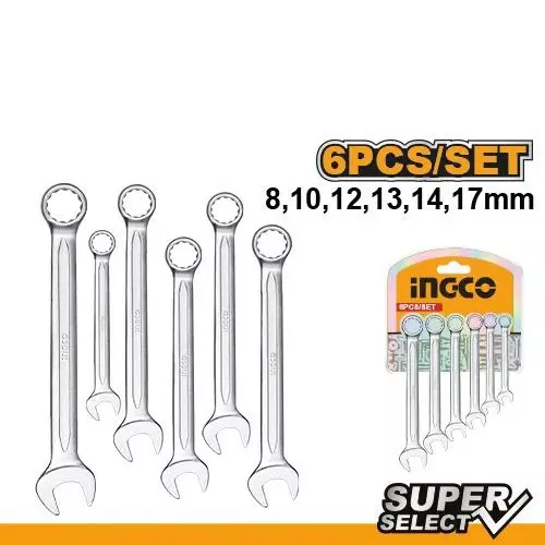 Ingco 6 Pcs Combination Spanner Set Size 8-17 mm and Fine Polished Finish, HKSPA1068
