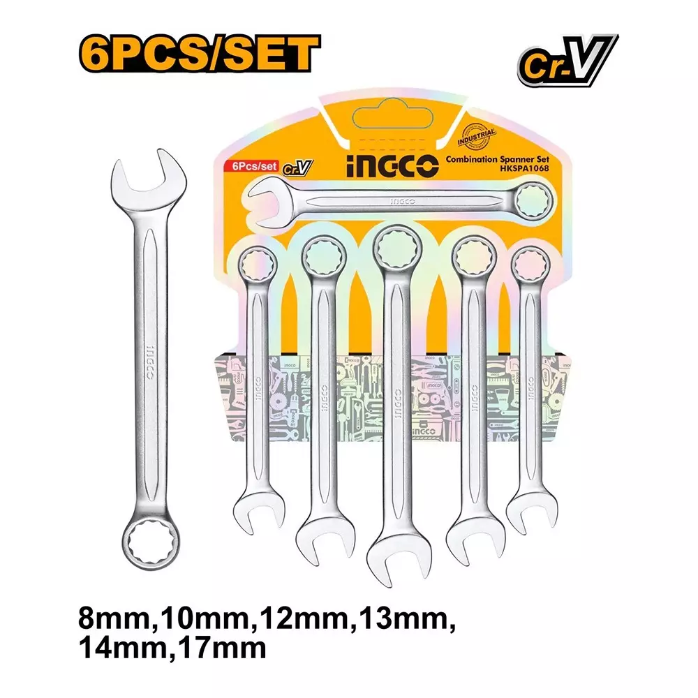 Ingco 6 Pcs Combination Spanner Set Size 8-17 mm and Fine Polished Finish, HKSPA1068