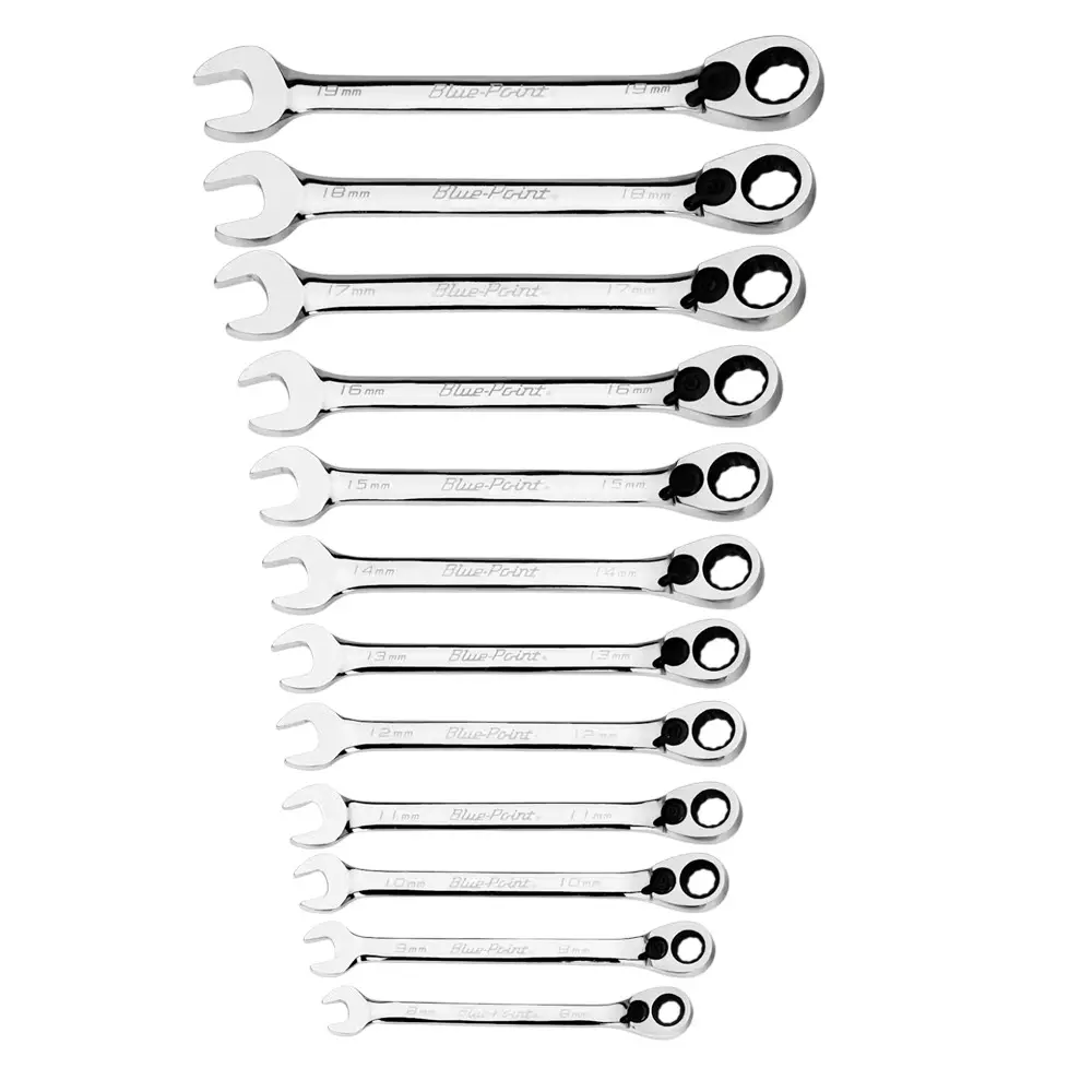 Blue-Point 12 Pcs 15° Offset Ratcheting Combination Wrench Set Metric with Nickel Chrome Finish and Alloy Steel Body, BOERM712