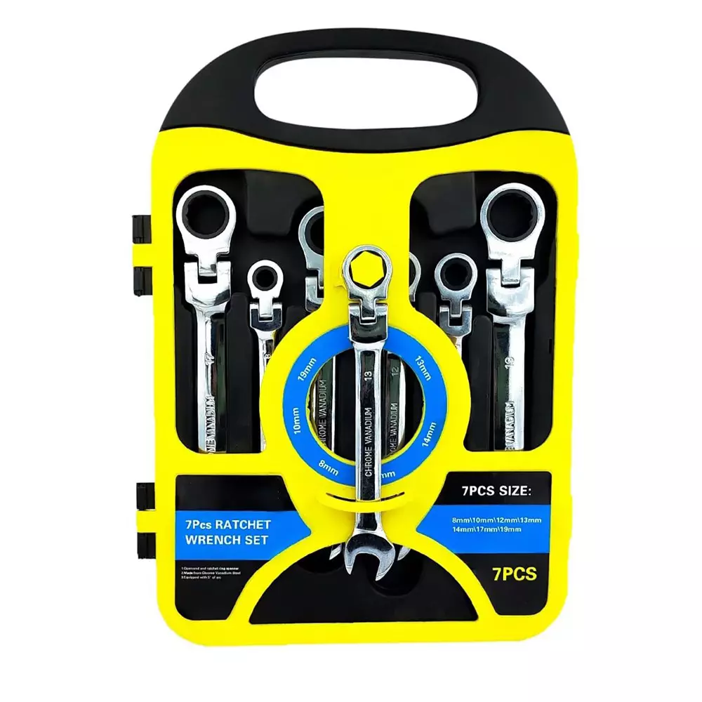 A.D international 7 Pcs Flex-Head Metric Ratcheting Wrench Kit Metal Silver Round for Industrial Use