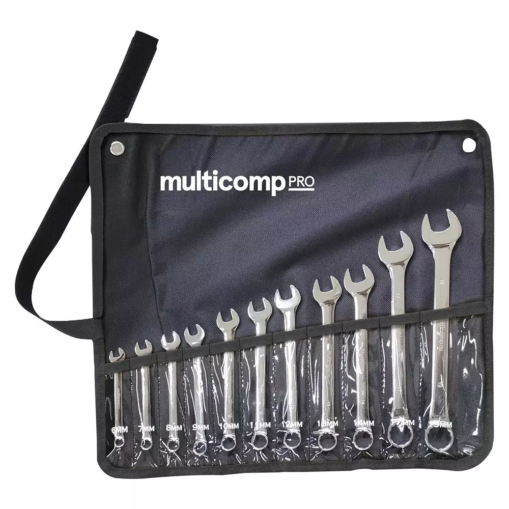 MULTICOMP PRO Combination Wrench Set 11 Pieces of 6/7/8/9/10/11/12/13/14/17/19 mm Chrome Vanadium Kit Contents, MP013797