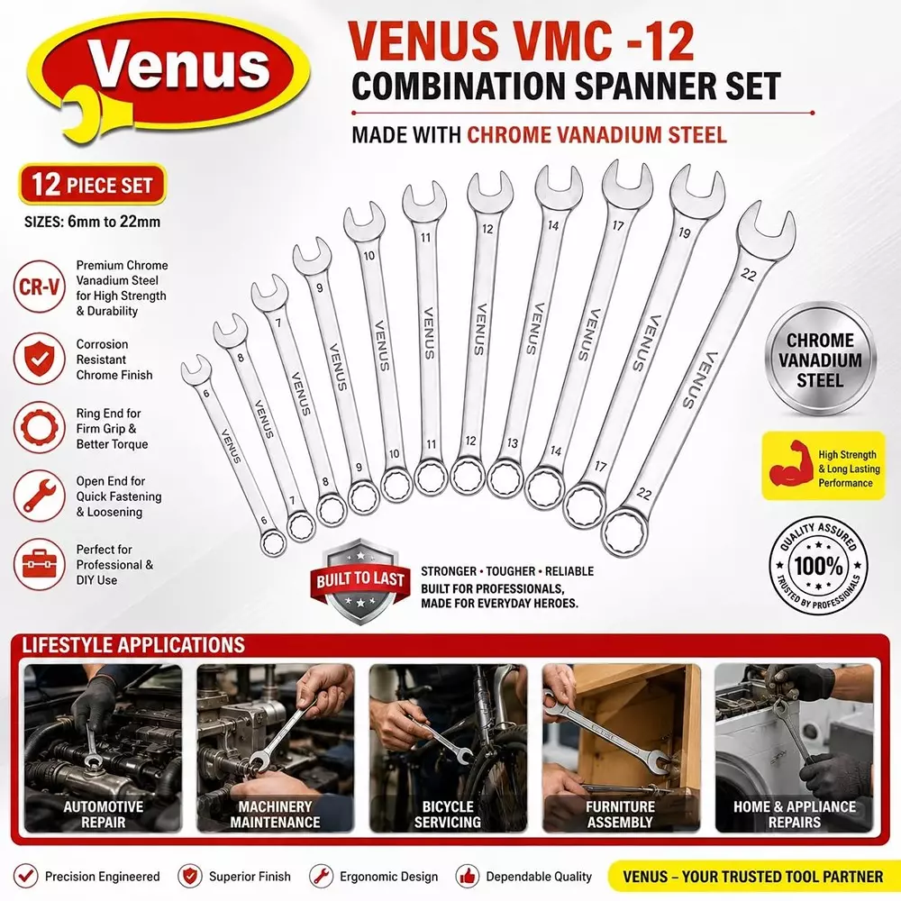 venus-heavy-duty-combination-spanner-kit-12-pcs-silver-chrome-vanadium-steel-for-automotive-repair-bike-maintenance-workshop-tasks-and-general-mechanical-work-vmc-12